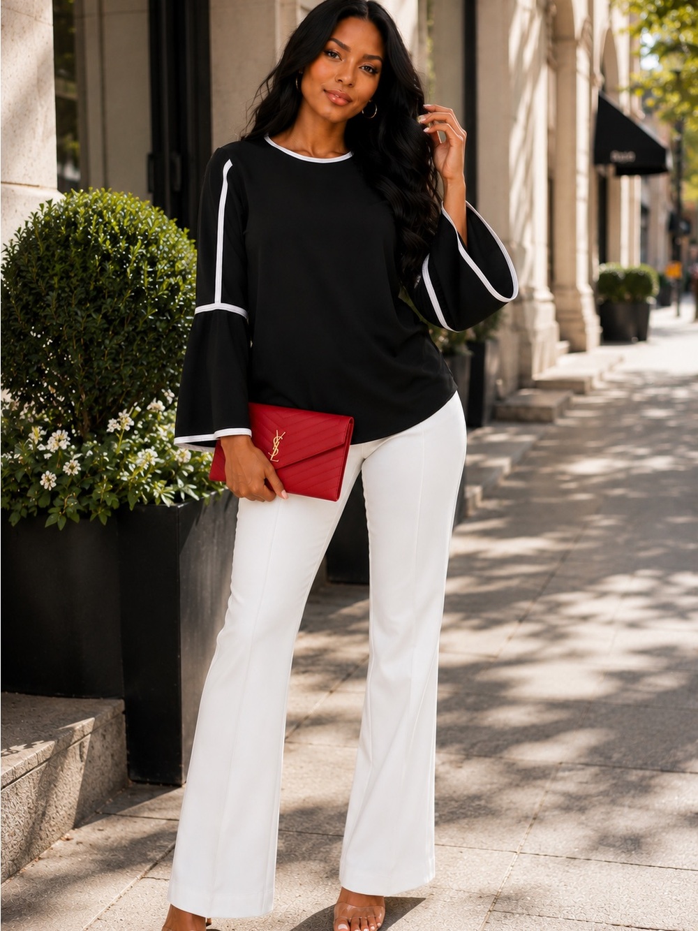 Calvin Klein Black Top with White Contrast Trim and Bell Sleeves M/L